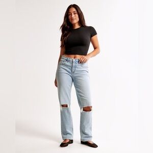 Abercrombie 90s straight mid rise curve love Light Blue Ripped size 25 short